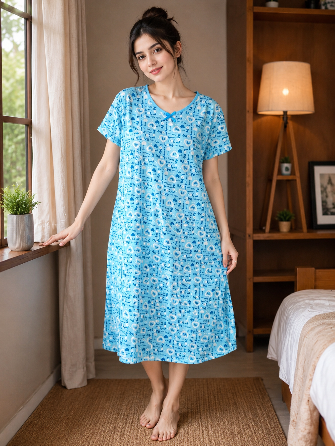 Women’s Premium Cotton Blue Printed Nighty