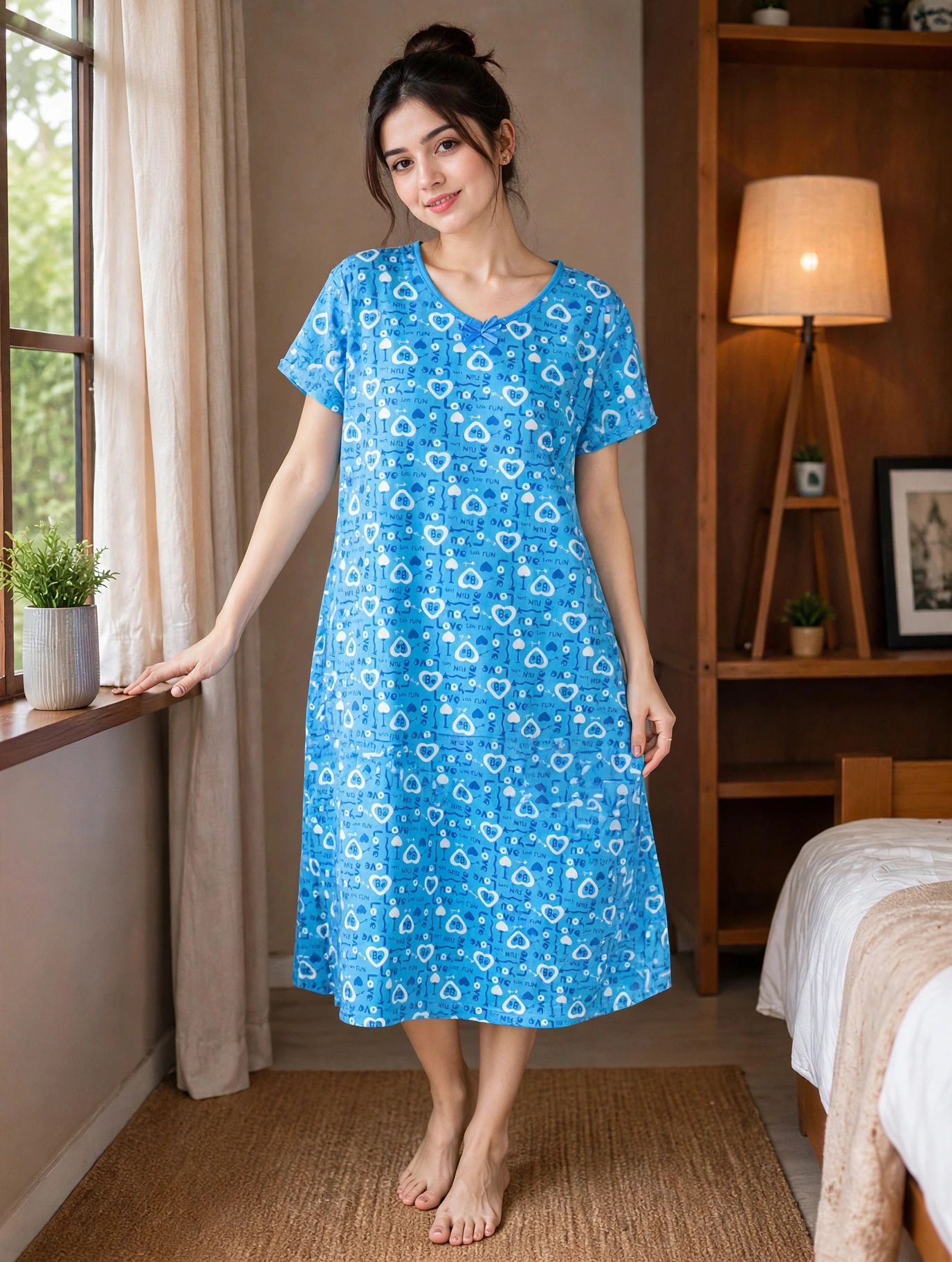 Women’s Premium Cotton Blue Printed Nighty