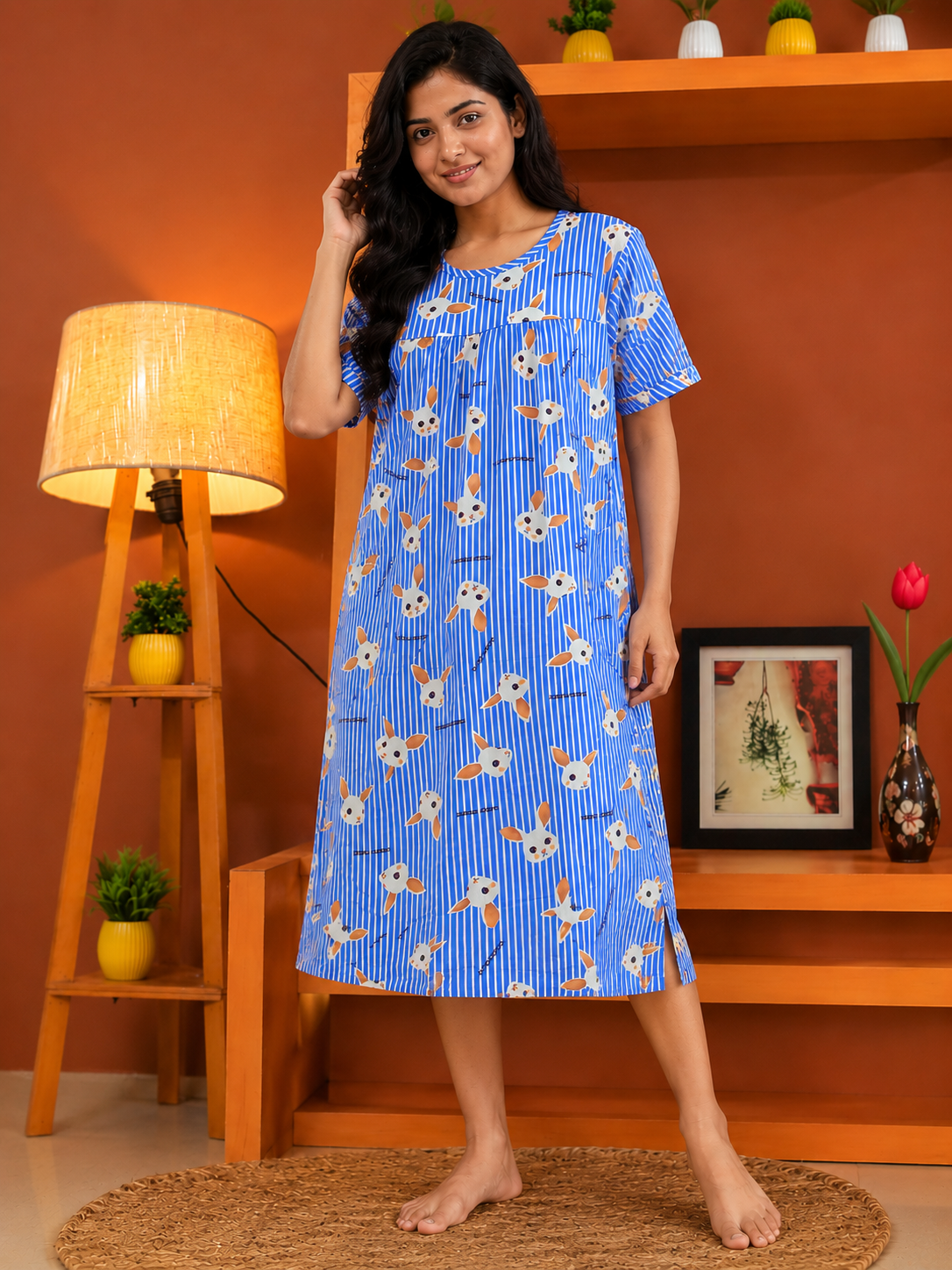 Women’s Premium Cotton Blue Printed Nighty – Free Size (Fits up to XL) | Soft & Breathable Daily Wear