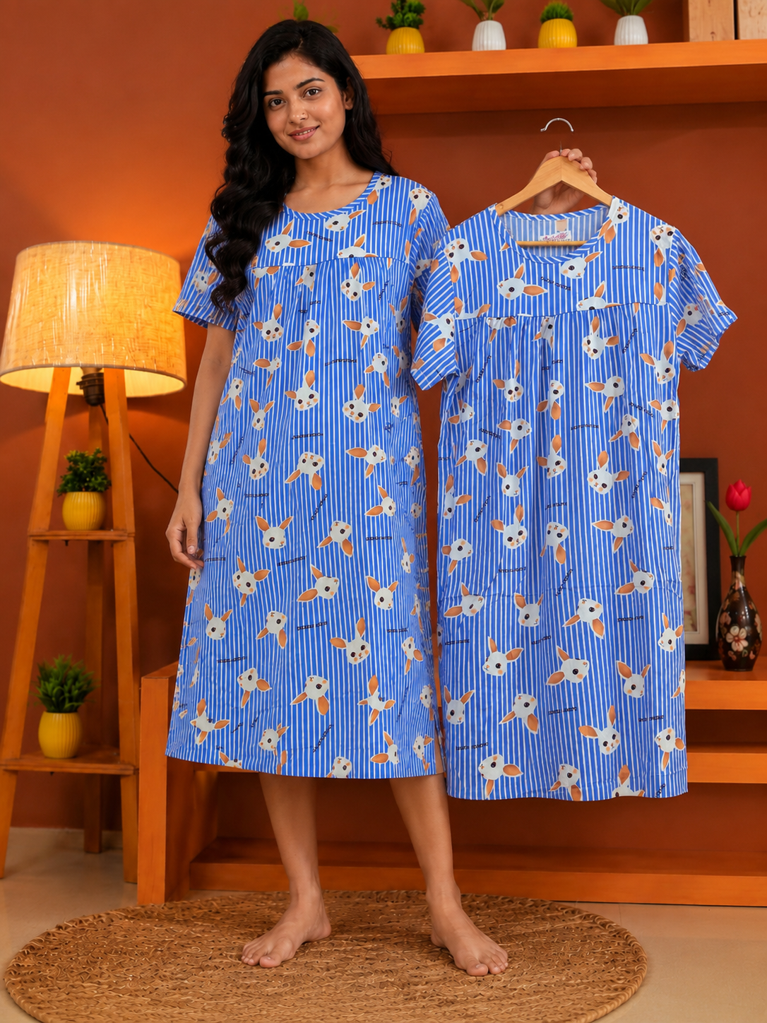 Women’s Premium Cotton Blue Printed Nighty – Free Size (Fits up to XL) | Soft & Breathable Daily Wear