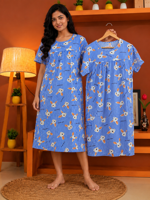 Women’s Premium Cotton Blue Printed Nighty – Free Size (Fits up to XL) | Soft & Breathable Daily Wear